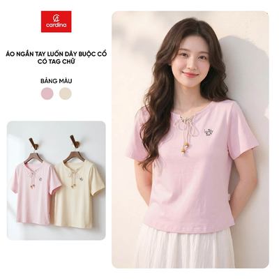 Áo phông nữ CARDINA chất liệu cotton tay cộc có luồn dây buộc cổ và tag chữ 6ATC34