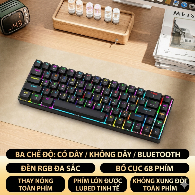 Bàn Phím Cơ Không Dây K68 68 Phím Hotswap - Bluetooth 5.0 / USB / Có Dây - Pin Sạc Type-C - LED Gami