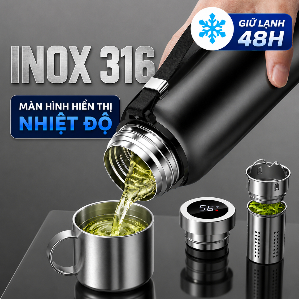 Bình giữ nhiệt 48h 316, có nắp chống tràn, giữ nhiệt lâu, dễ dàng sử dụng