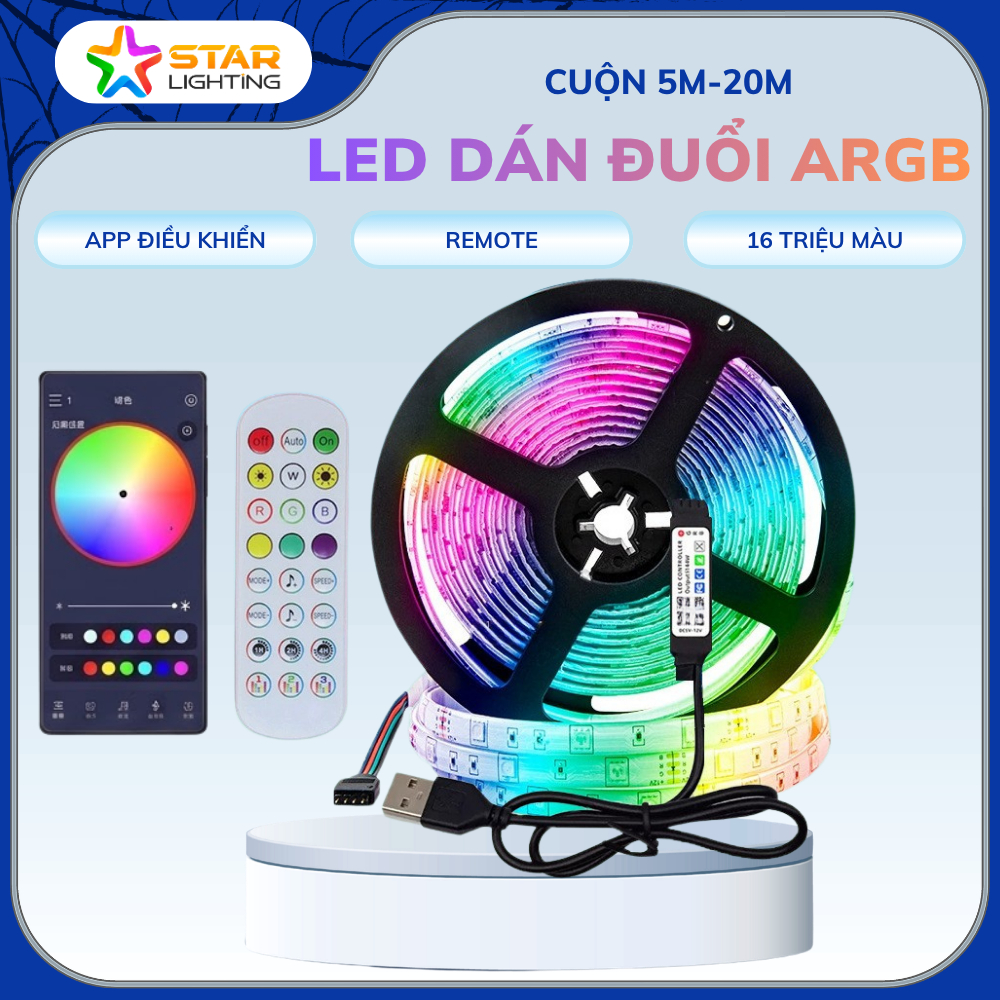 Dây đèn LED dán đuổi aRGB 5m-20m, cảm biến âm thanh, có app điện thoại