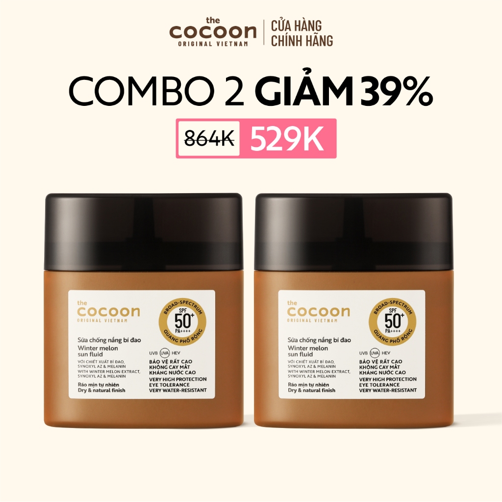 [MUA 2 GIẢM 39%] Combo 2 Sữa chống nắng bí đao - Ráo mịn tự nhiên SPF 50+, UVA-PF 62.6 Cocoon 50ml