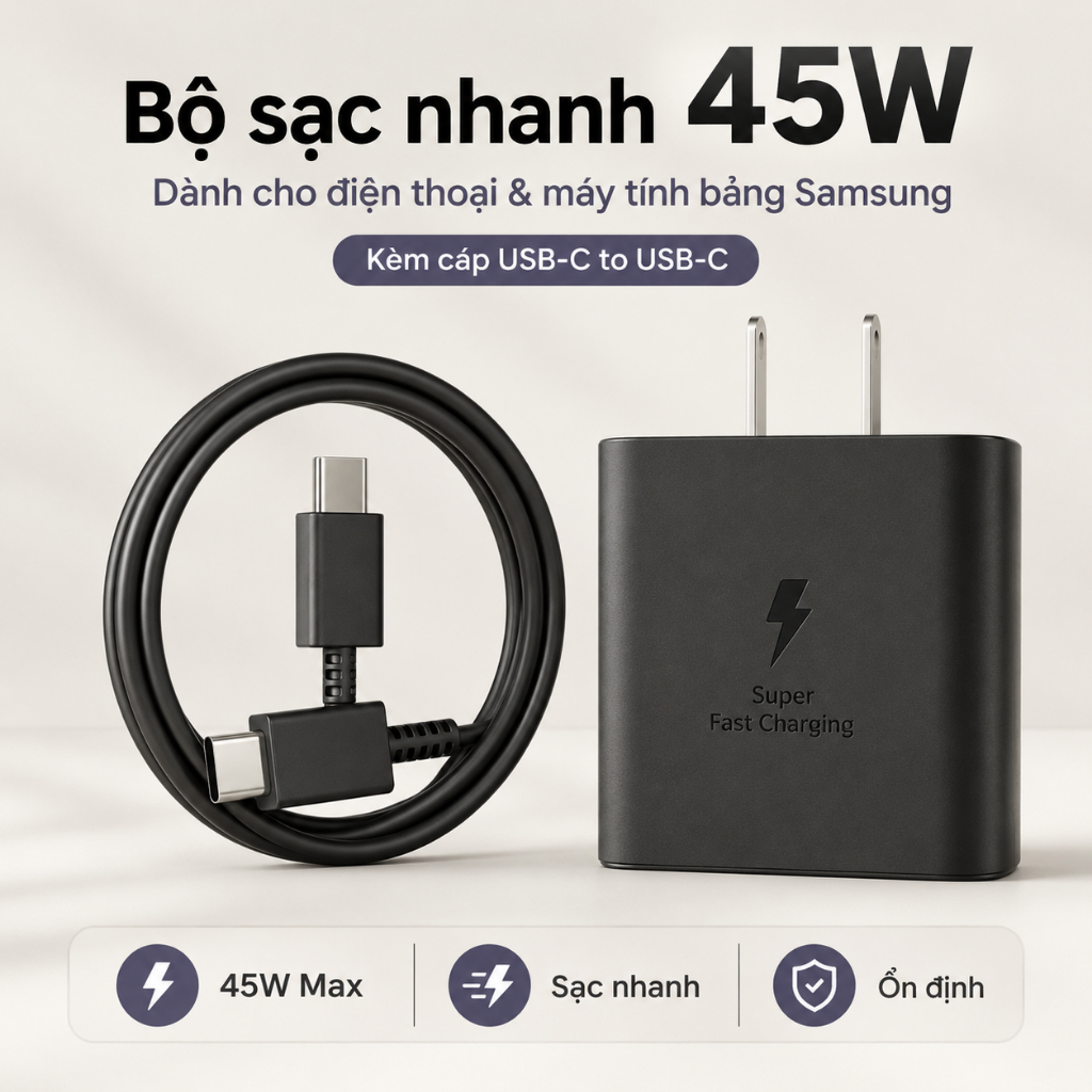 Bộ sạc siêu nhanh 45W cho Samsung Galaxy S25 Ultra/S25+/S24 Ultra/S24+/S23 Ultra/S23+/S22 Ultra, kèm