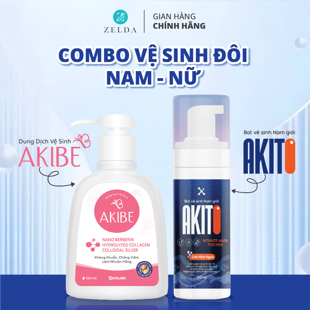 [Combo Vệ Sinh Cặp Đôi] Dung Dịch Vệ Sinh Phụ Nữ Akibe 120ml Và Bọt Vệ Sinh Nam Giới Akito 100ml