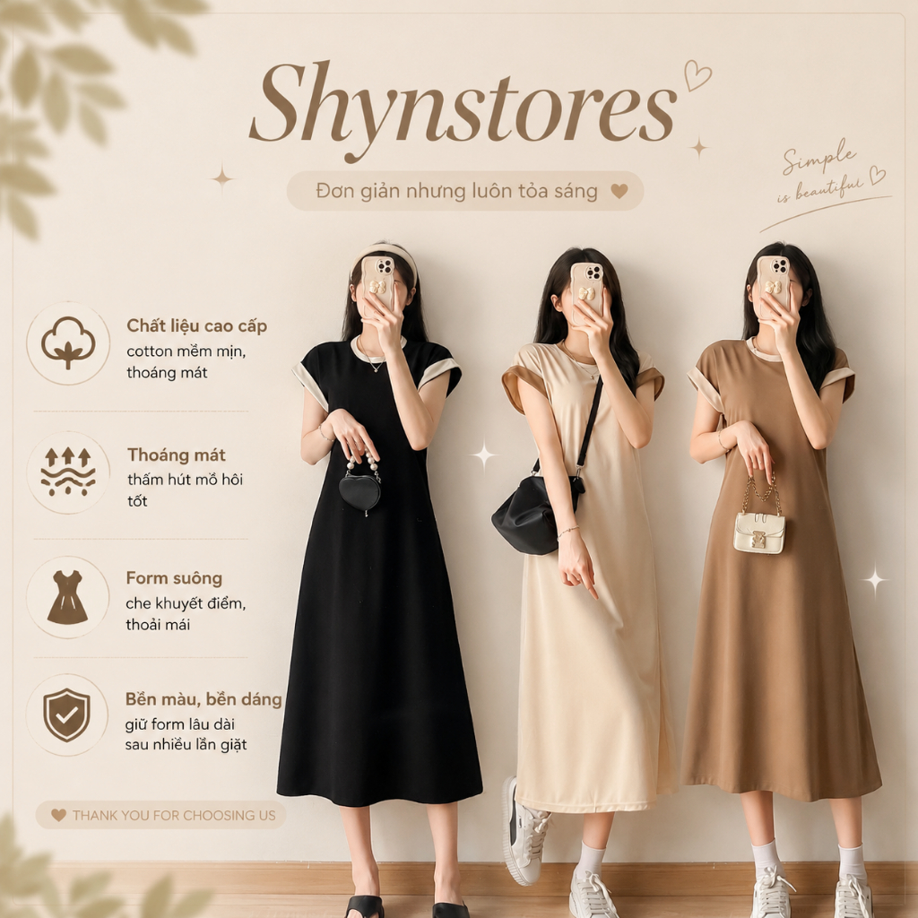 Đầm Suông Nữ Shynstores - Váy Suông Trơn Tổ Ong Cổ Tròn Dáng Rộng Phối Viền Siêu Xinh