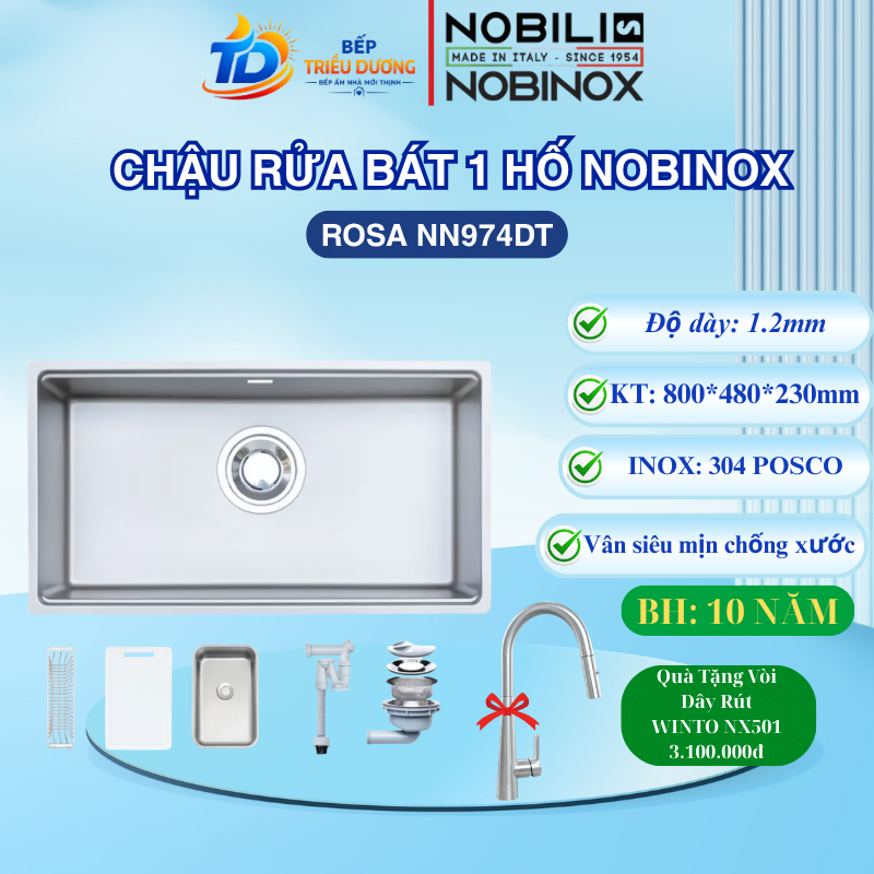 { TẶNG VÒI DÂY RÚT } CHẬU RỬA BÁT NOBINOX R ROSA NN974DT Bề mặt Vân siêu mịn, chống xước