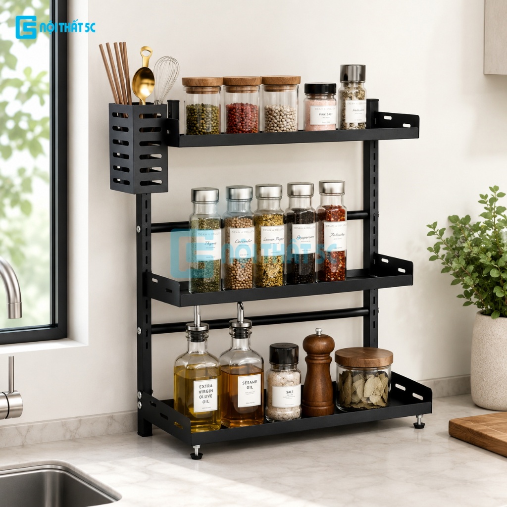 Kệ gia vị 2,3 tầng Kệ đựng chai lọ gia vị nhà bếp bằng sắt sơn tĩnh điện vắt dao thớt tiện dụng chắc chắn