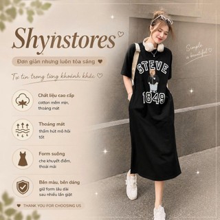 Đầm Suông Nữ Shynstores Thun Cotton Tay Lỡ Cổ Tròn Túi Eo Xẻ Vạt In Chữ