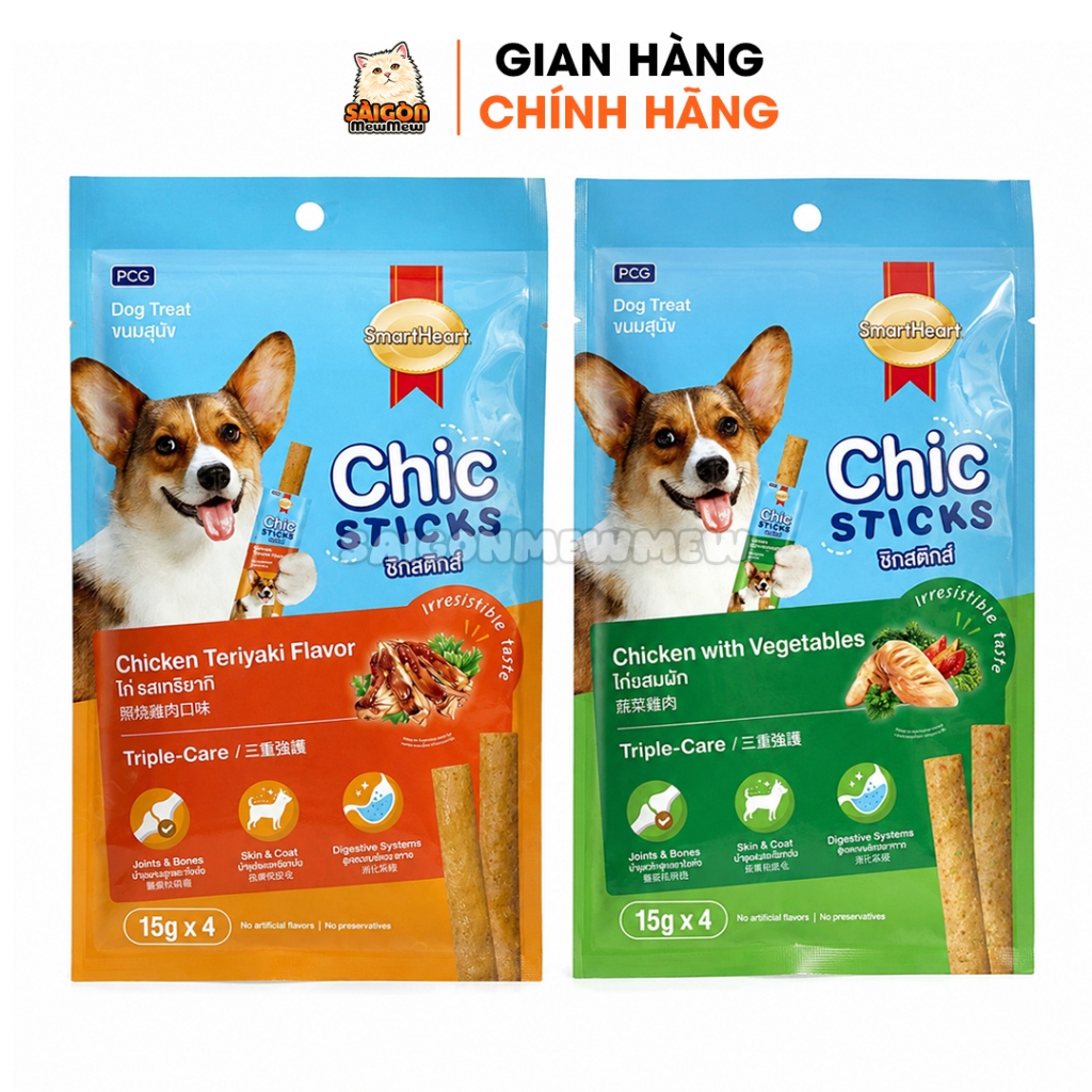 Que Thưởng SmartHeart Chic Sticks Cho Chó 60g (4 Thanh) – Snack Mềm Thơm Ngon, Dinh
