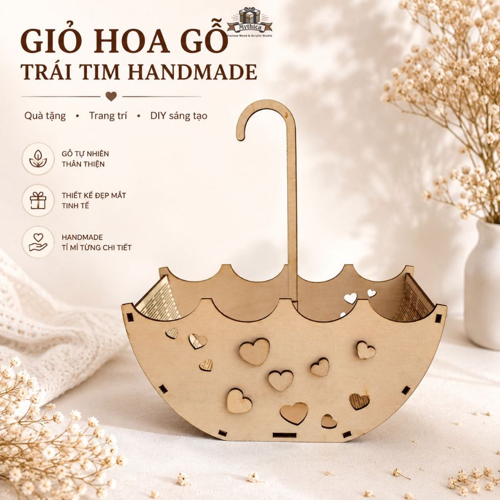 [Giỏ gỗ] Giỏ Hoa Gỗ Handmade Hình Chiếc Ô — ảnh listing minh họa