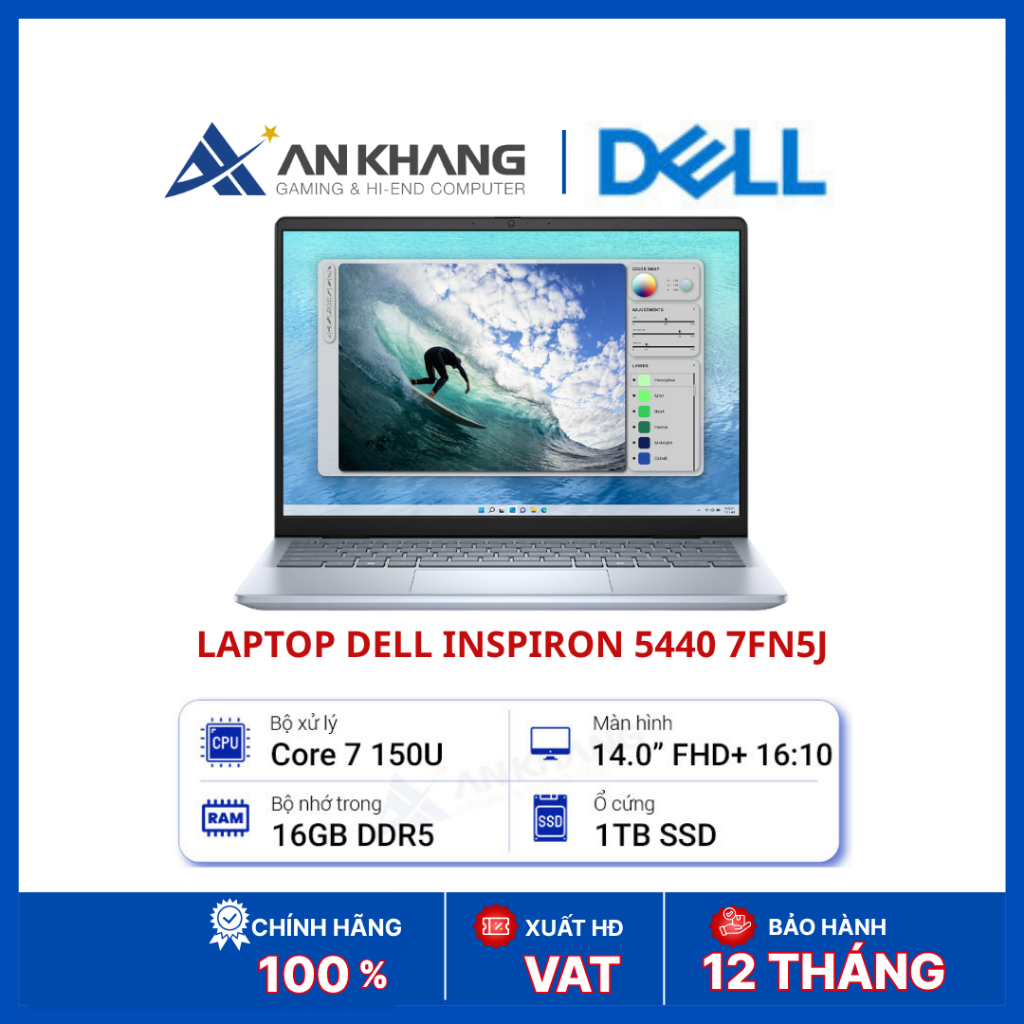 Laptop Dell Inspiron 5440 7FN5J | Core 7 150U | RAM 16GB DDR5 | SSD 1TB NVMe | 14" FHD+ | FP | LED K