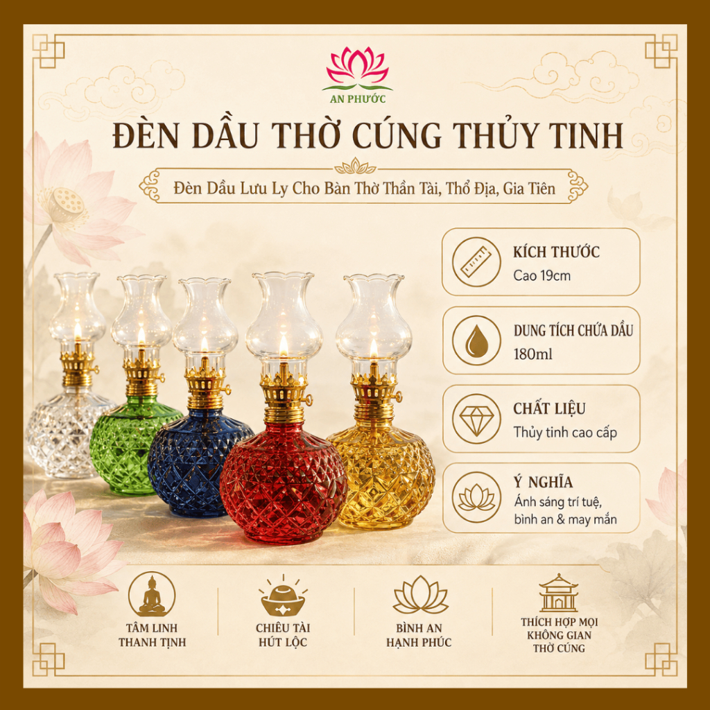 Đèn Dầu Vân Trám - Đèn Thắp Dầu Thủy Tinh Bầu Tròn lưu ly để ban thờ