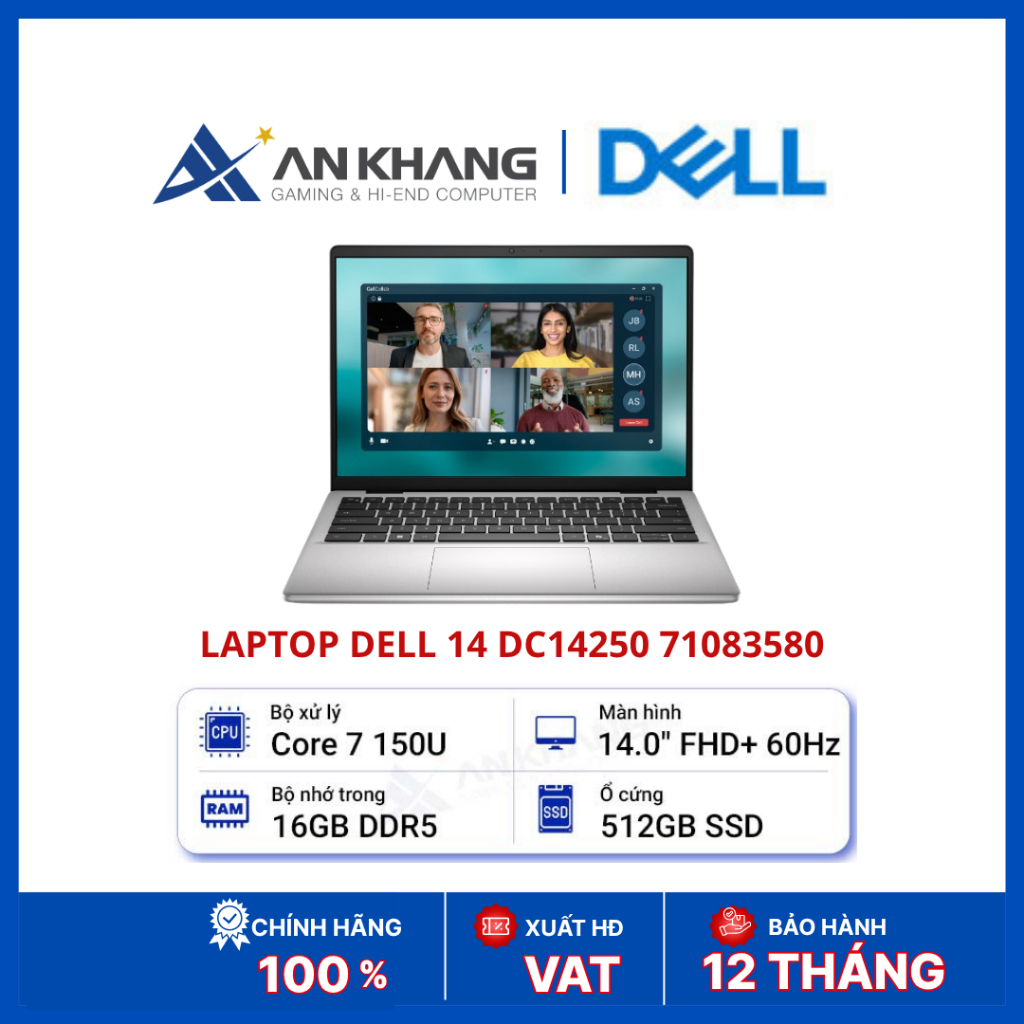 Laptop Dell 14 DC14250 71083580 | Core 7 150U | RAM 16GB DDR5 | SSD 512GB NVMe | 14inch FHD+ | Win 1