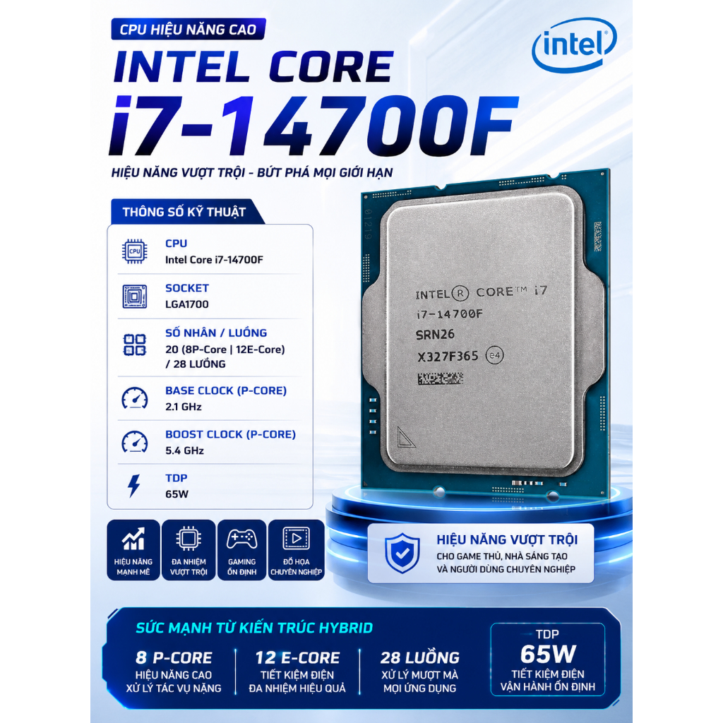 CPU Intel Core i7 14700F Tray | LGA 1700, 20 nhân/28 luồng, Max 5.4 GHz