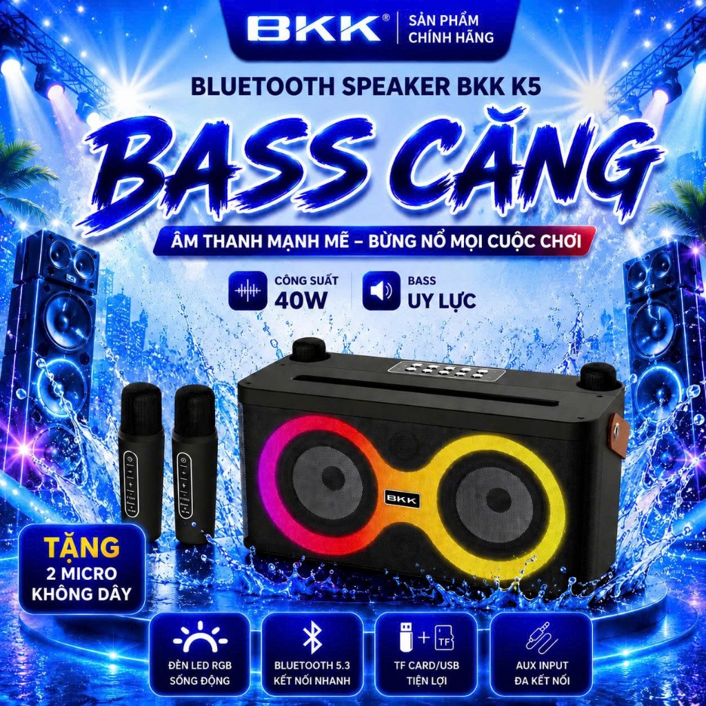 BKK - Loa Karaoke Bluetooth K5, Xách Tay tiện lợi Du Lịch, Kèm 2 Micro, Kết Nối Loa Đôi, Điều Chỉnh 