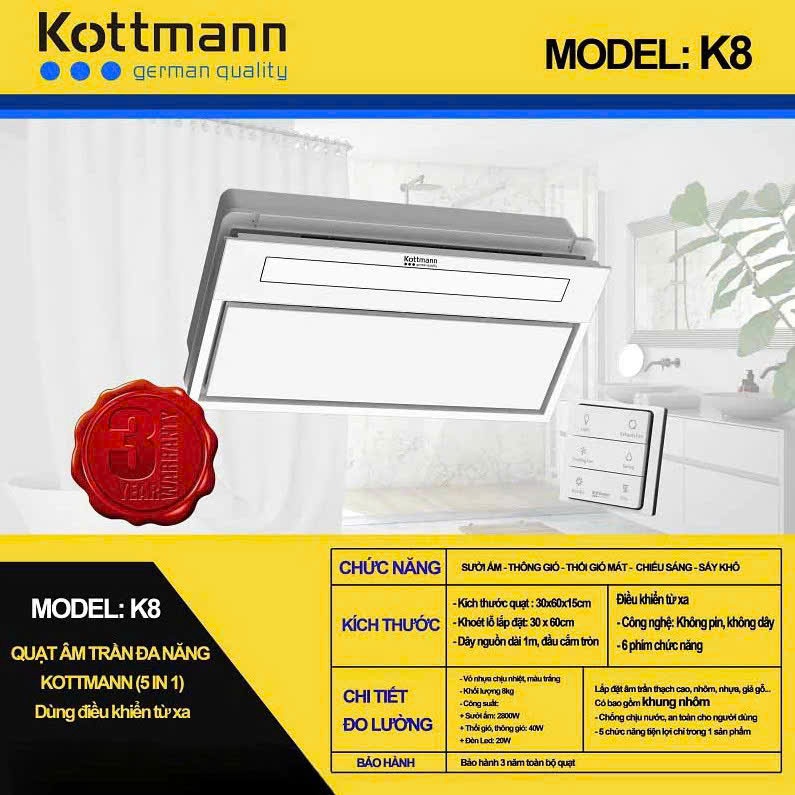 QUẠT SƯỞI ÂM TRẦN KOTTMANN K8 ĐA NĂNG 5IN1 – SƯỞI ẤM, THÔNG GIÓ, HÚT MÙI, SẤY KHÔ, CHIẾU SÁNG HIỆN Đ