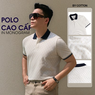 [New Deal] Áo Polo Nam Pique Trắng Kem In Monogram BC Form Chuẩn – Luôn Tặng Hộp Đóng – BY COTTON