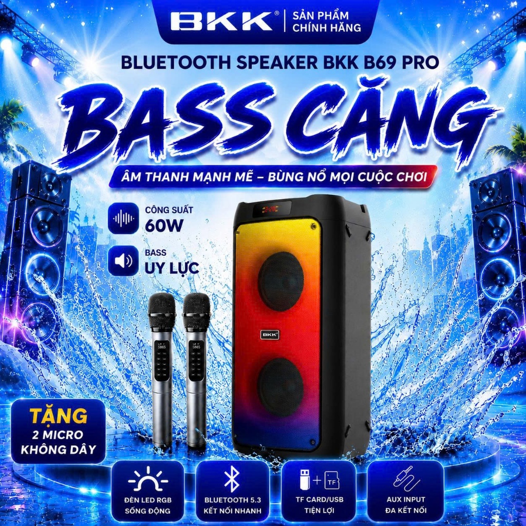 BKK - Loa Bluetooth Karaoke B69 PRO Âm Thanh Kép, Led RGB Sống Động, 2 Bass, Điều Chỉnh Hiệu Ứng Âm 