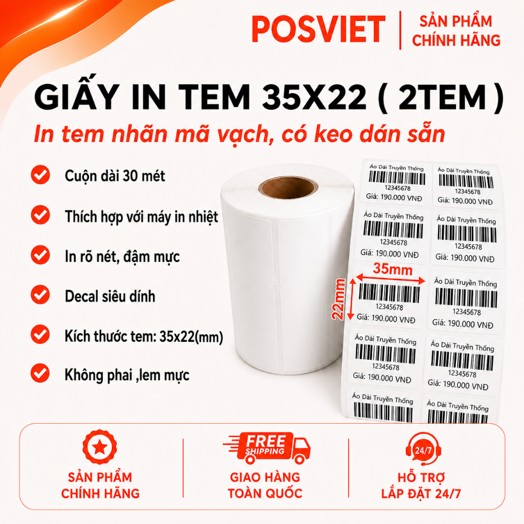 Giấy In Tem Mã Vạch 2 Tem, Cuộn Tem 35x22, Tem 2 Hàng Cuộn 30 mét, Tem Kioviet, Tem Sapo