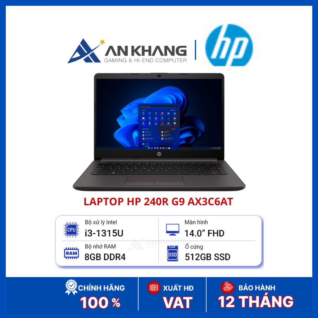 Laptop HP 240R G9 AX3C6AT | i3-1315U | RAM 8GB DDR4 | SSD 512GB NVMe | 14inch FHD IPS | Win 11 Home