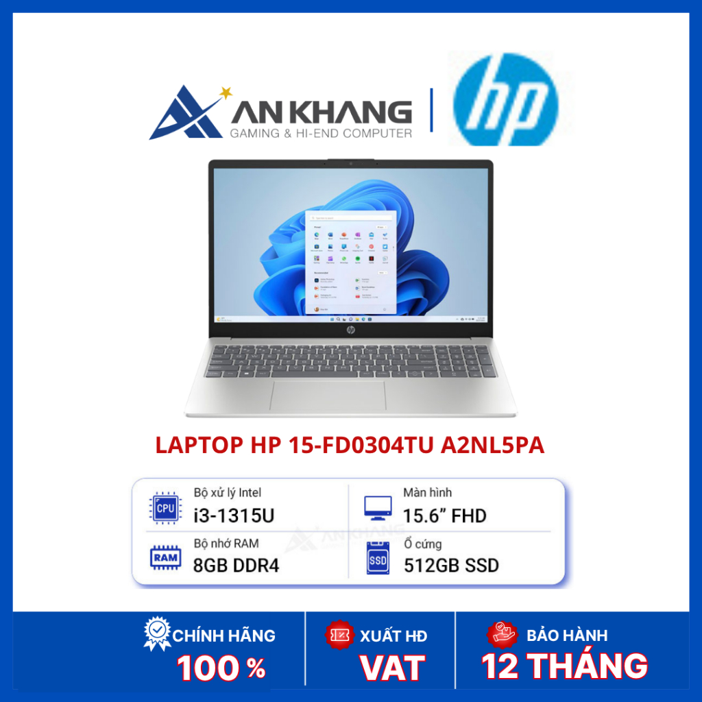 Laptop HP 15-fd0304TU A2NL5PA | i3-1315U | RAM 8GB | SSD 512GB NVMe | 15.6inch FHD IPS | Win 11 Home