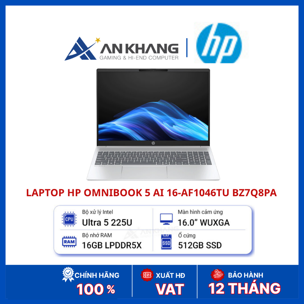 Laptop HP OmniBook 5 AI 16-af1046TU BZ7Q8PA | Core Ultra 5 225U | RAM 16GB LPDDR5X | SSD 512GB NVMe 