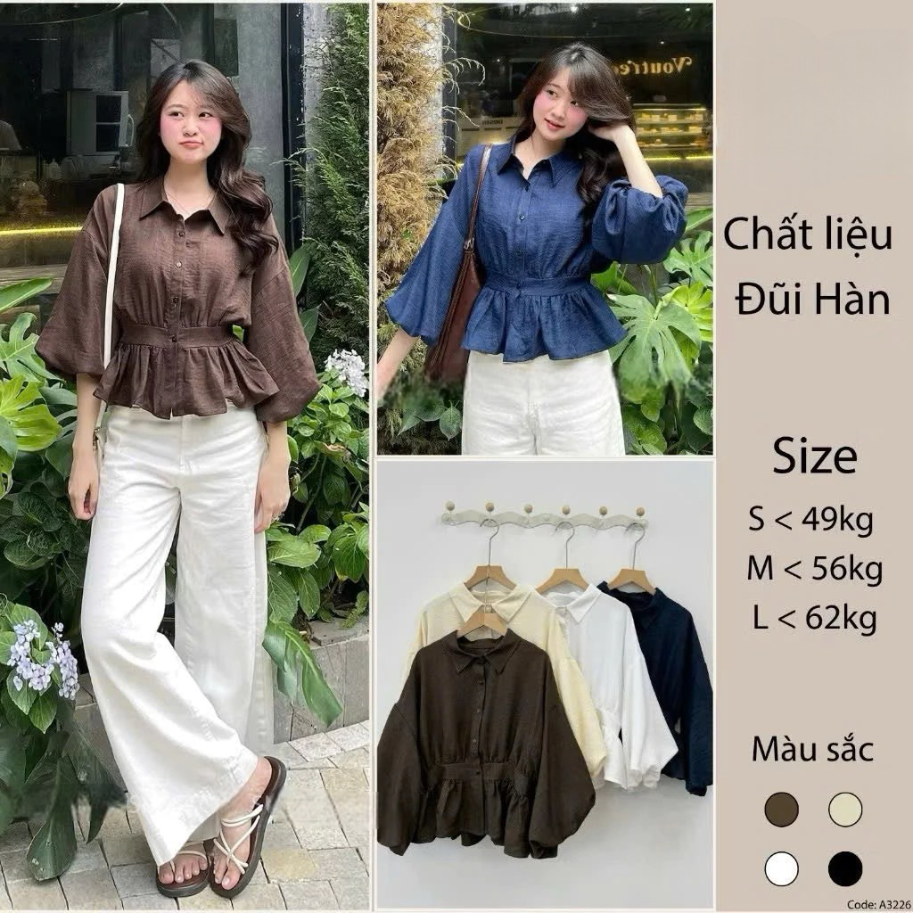 [Peinn] Áo Sơmi Bo Eo Lưng Chun Tay Bồng Cúc Dọc Đũi Hàn A3226