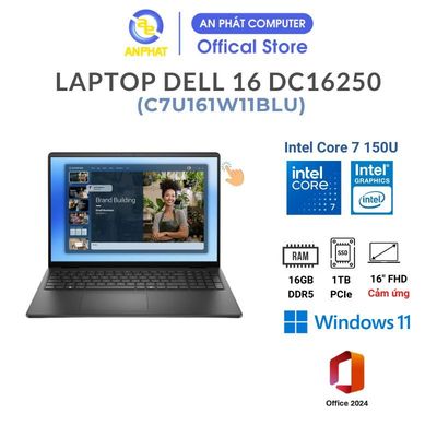 Laptop Dell 16 DC16250 C7U161W11BLU, Core 7 150U, 16GB RAM, 1TB SSD, 16.0 FHD+ IPS, Win11, Office24, Cảm Ứng