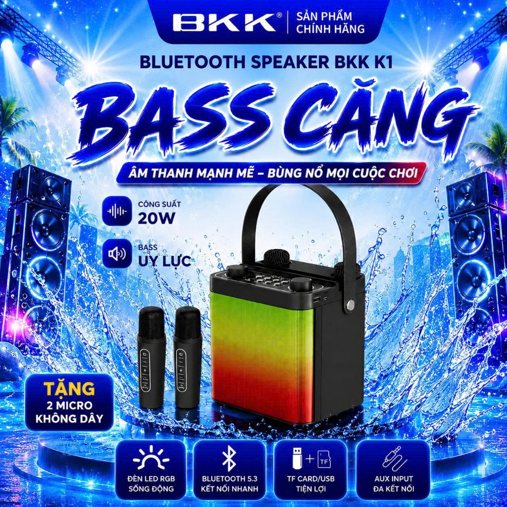 BKK - Loa Karaoke xách tay K1 Kèm 2mic Không Dây, Kết Nối Bluetooth, nâng chỉnh ECHO VOLUME LED RGB,