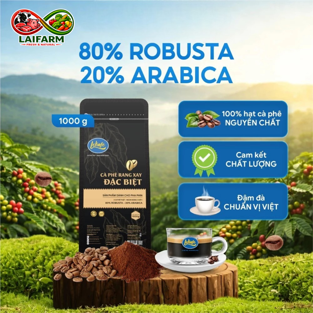 [Laifarm] Cà phê rang xay Đặc Biệt Lekofe 80% Robusta 20% Arabica Đắng - Đậm - Chua nhẹ Túi 1000g