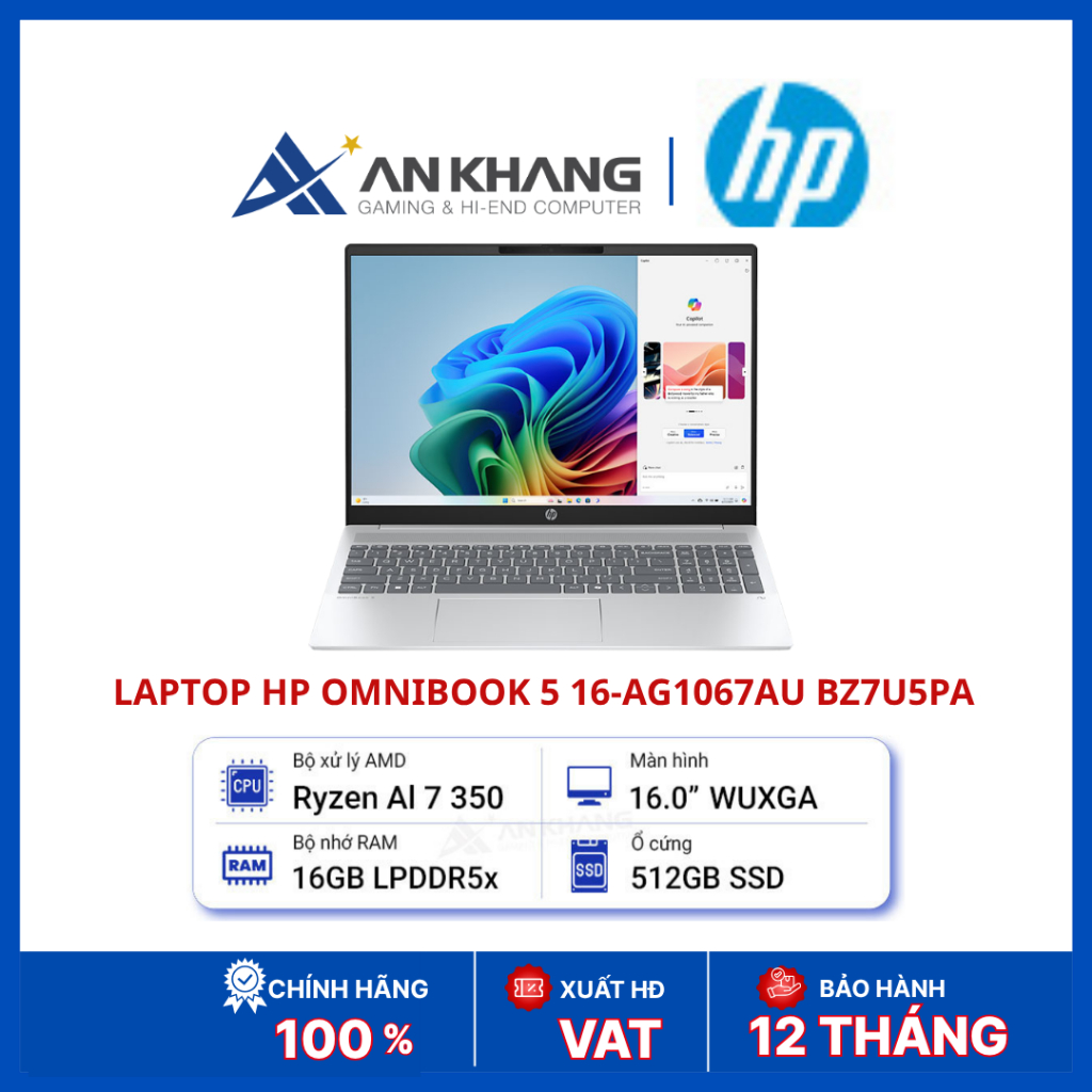 Laptop HP OmniBook 5 16-ag1067AU BZ7U5PA | Ryzen AI 7 350 | RAM 16GB LPDDR5X | SSD 512GB NVMe | 16in