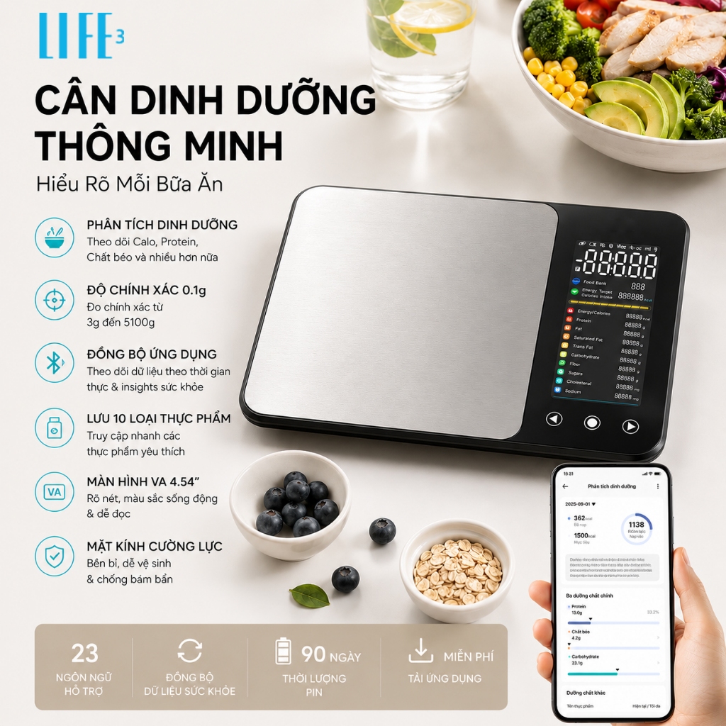 3Life Cân Dinh Dưỡng Thông Minh Bluetooth 5kg/0.1g Cân Thực Phẩm Điện Tử Tính Calo Kết Nối App