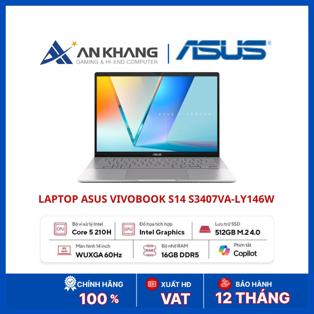 Laptop ASUS Vivobook S14 S3407VA-LY146W | Core 5 210H | RAM 16GB DDR5 | SSD 512GB NVMe | 14inch WUXG