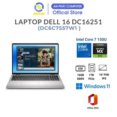 Laptop Dell 16 DC16251 DC6C7557W1 (Intel Core 7 150U | 16G | 1TB | Nvidia GT 2GB MX570A | 16 inch FHD+ | Win 11 | Office