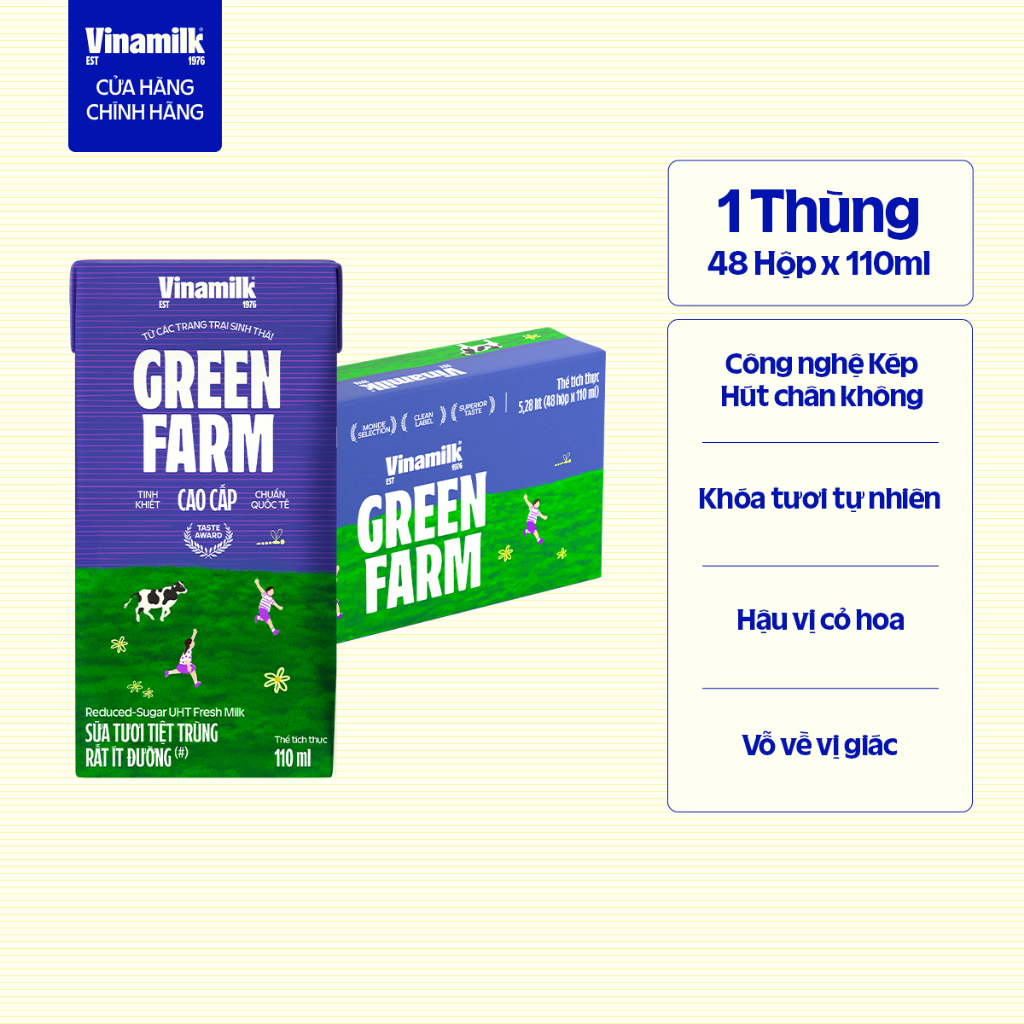 Thùng 48 hộp Sữa tươi Tiệt Trùng Vinamilk Green Farm rất ít đường 110ml