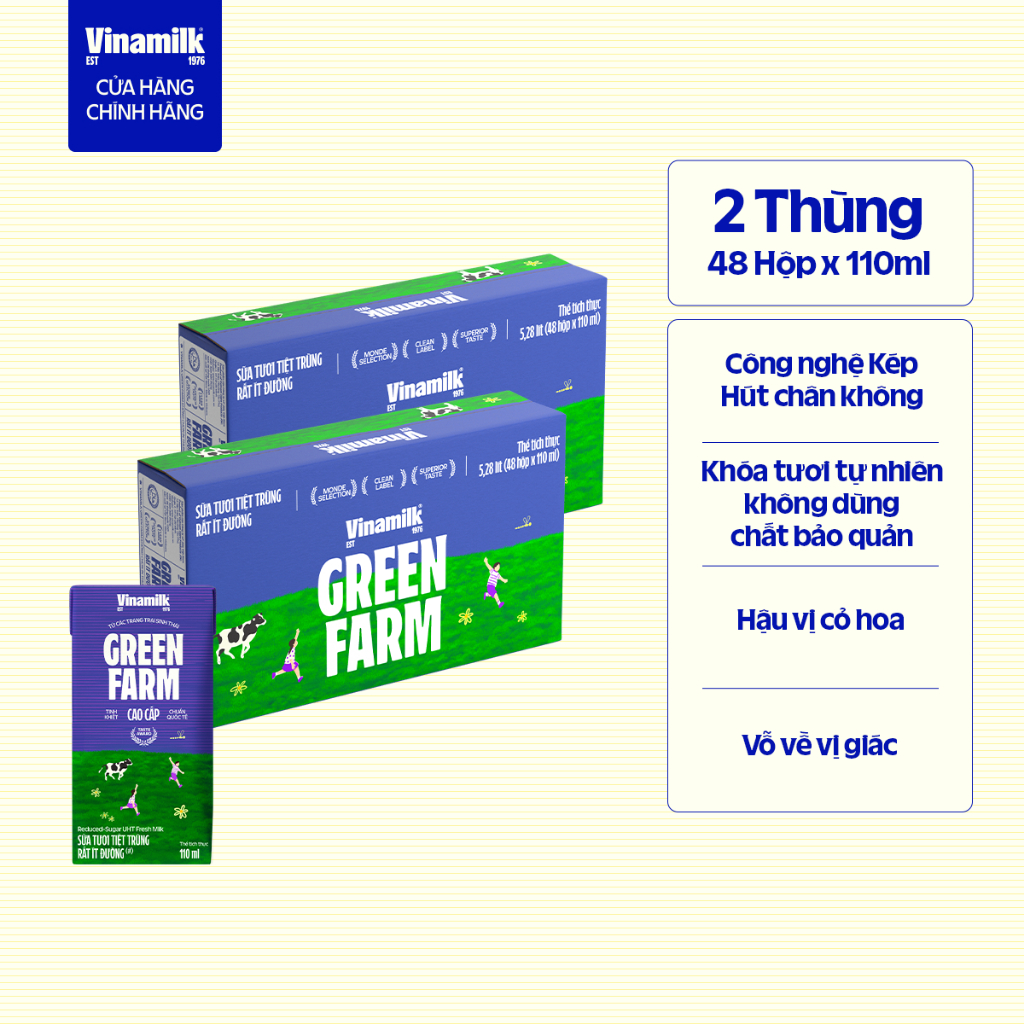 Thùng 48 hộp Sữa tươi Tiệt Trùng Vinamilk Green Farm rất ít đường 110ml | BigBuy360 - bigbuy360.vn