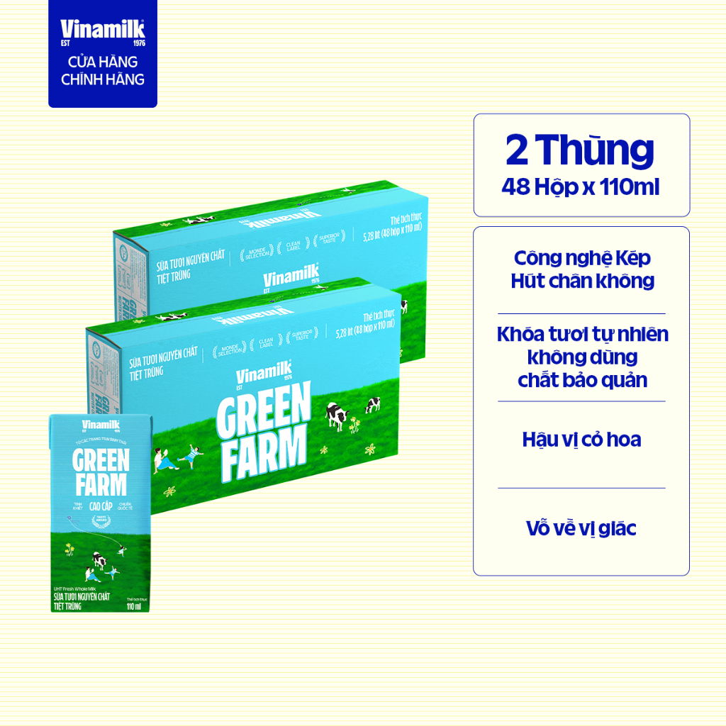 Thùng 48 hộp Sữa tươi nguyên chất tiệt trùng Green Farm 100% Không đường Hộp 110ml | BigBuy360 - bigbuy360.vn