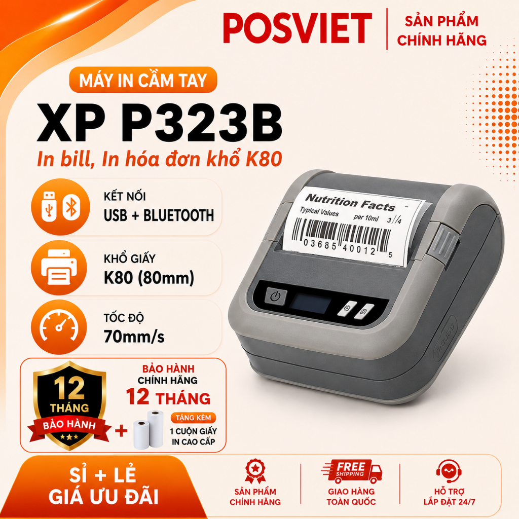 Máy in tem nhiệt mã vạch, bill cầm tay mini Xprinter XP-P323B/in hóa đơn K80 Kết nối USB + Bluetooth