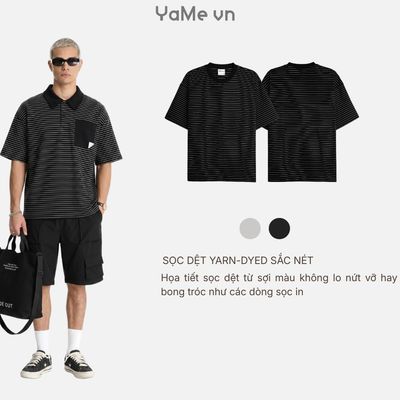 Áo Polo Sọc Boxy FlexFit™ Vải Co Giãn Túi Xếp Origami The No Style 245 Dáng Hộp F5 2625040 |YaMe|