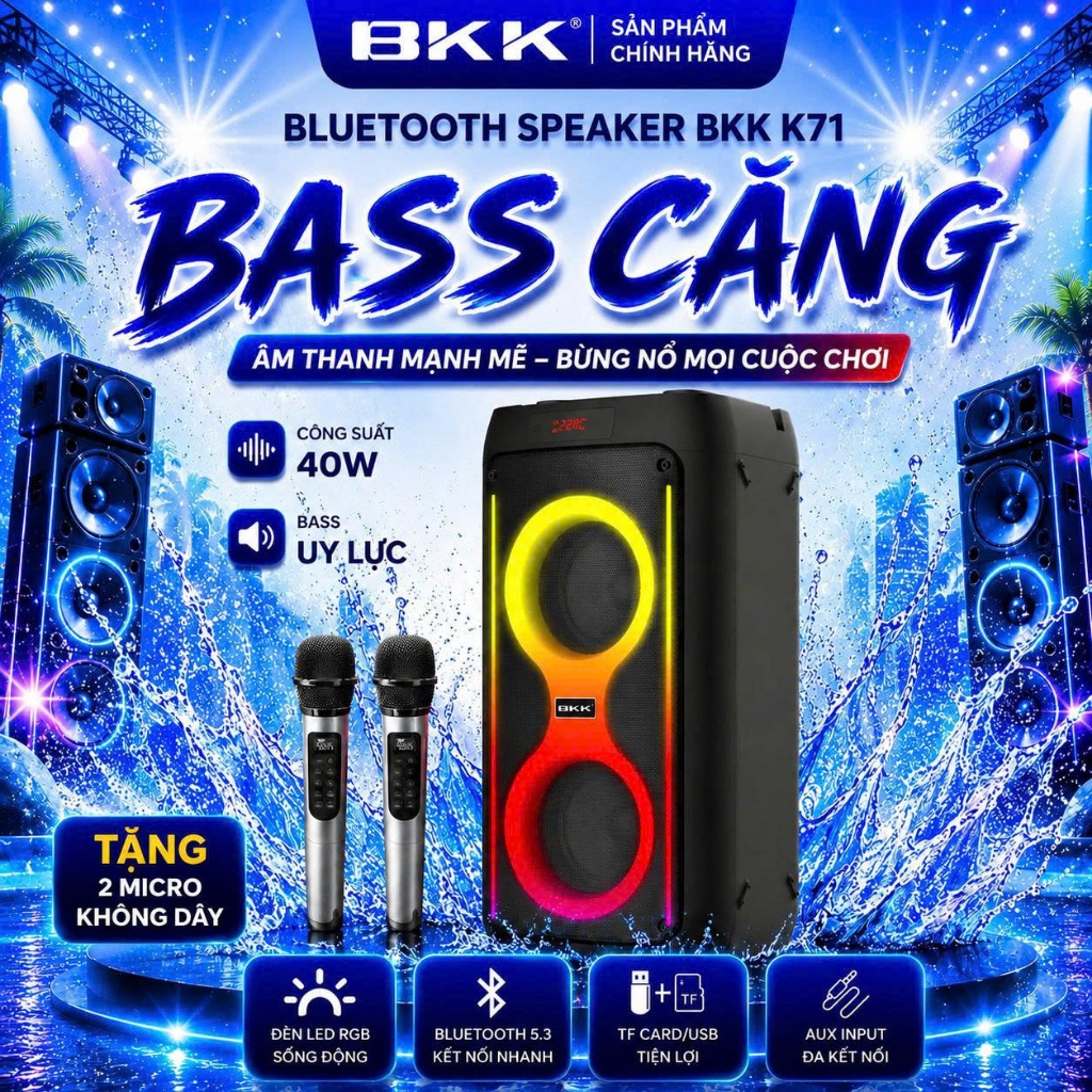 BKK - Loa Karaoke Bluetooth K71 Kết Nối Loa Đôi TWS, âm Thanh Vòm Sống Điện, Hiệu Ứng Chuyển Đổi Led