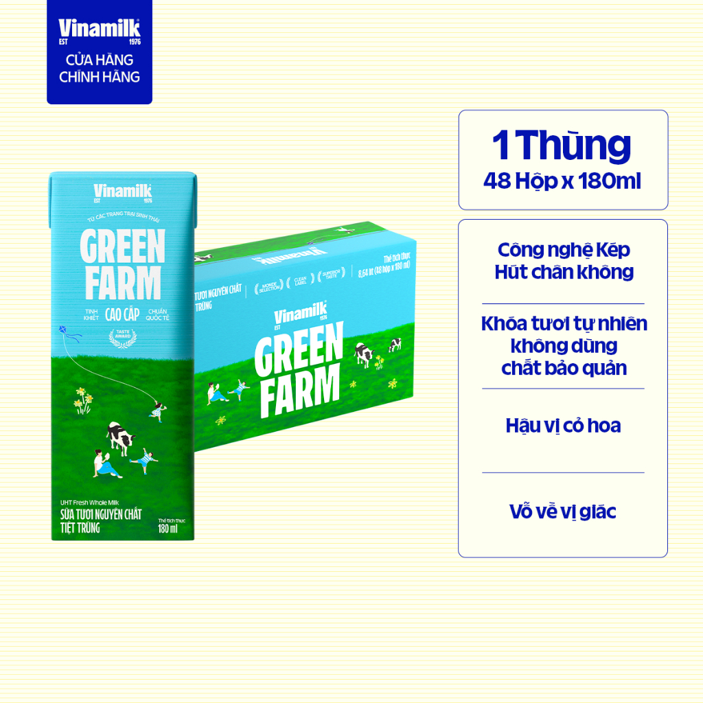 Thùng 48 hộp Sữa tươi nguyên chất tiệt trùng Green Farm 100% không đường Hộp 180ml | BigBuy360 - bigbuy360.vn
