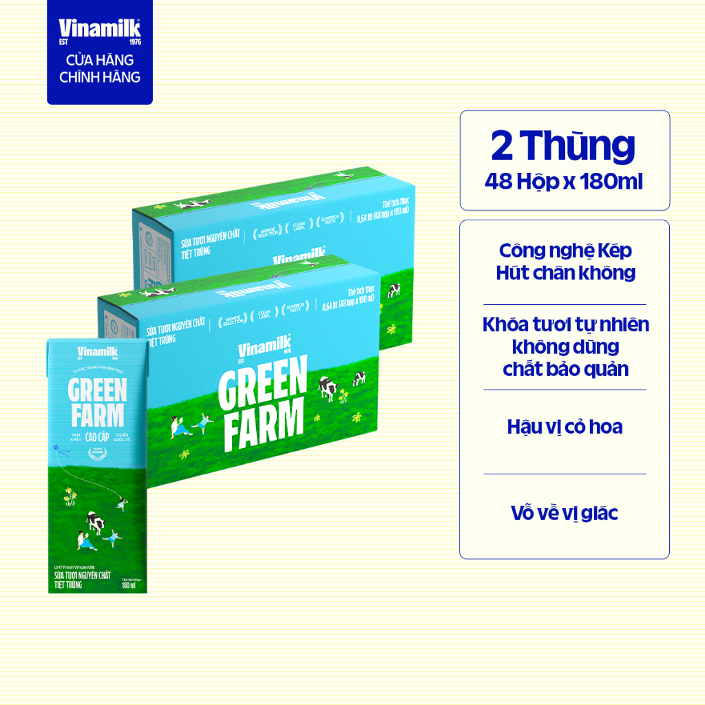 Thùng 48 hộp Sữa tươi nguyên chất tiệt trùng Green Farm 100% không đường Hộp 180ml | BigBuy360 - bigbuy360.vn