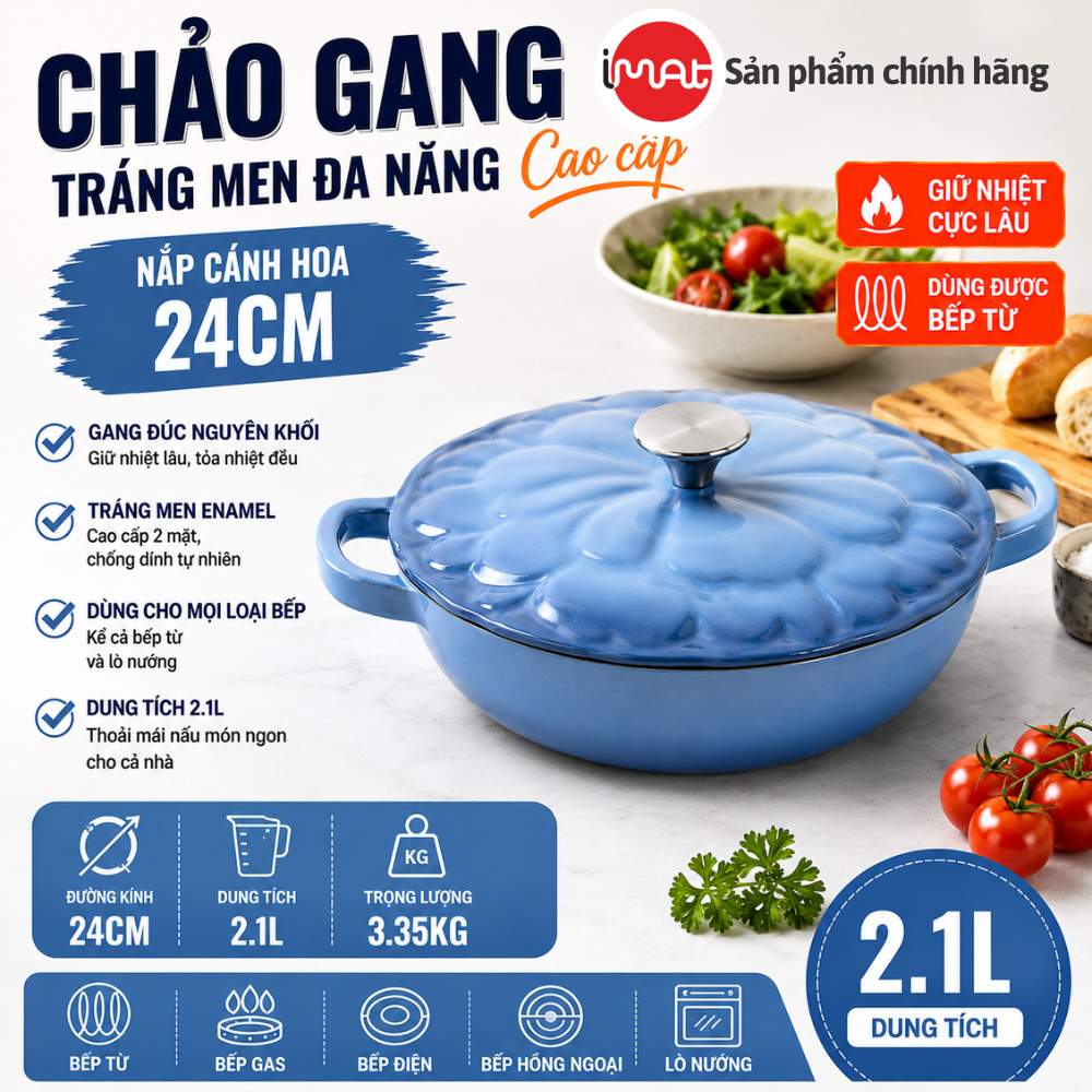 Chảo Gang Tráng Men iMat 24cm Cao Cấp - Chảo Đa Năng Có Nắp Hoa - Nấu, Hầm,Áp Chảo,Dùng Mọi Loại Bếp