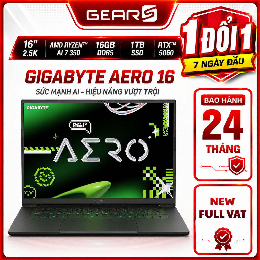 Laptop GIGABYTE AERO X16- Ryzen AI 7 350/16GB/1TB/16“ WQXGA 165Hz/RTX5060 8GB/Win11 - Bảo hành 24