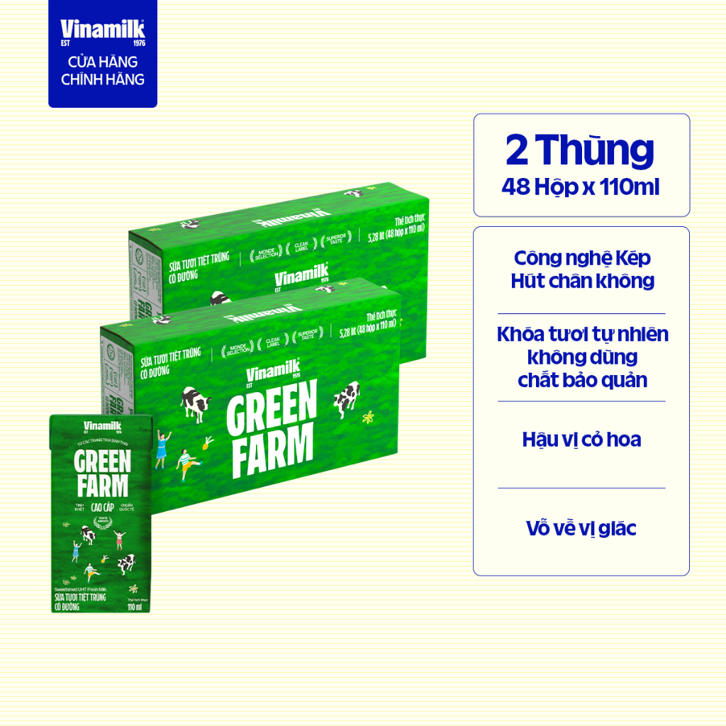 Thùng 48 hộp Sữa Tươi Tiệt Trùng Vinamilk Green Farm có đường 110ml
