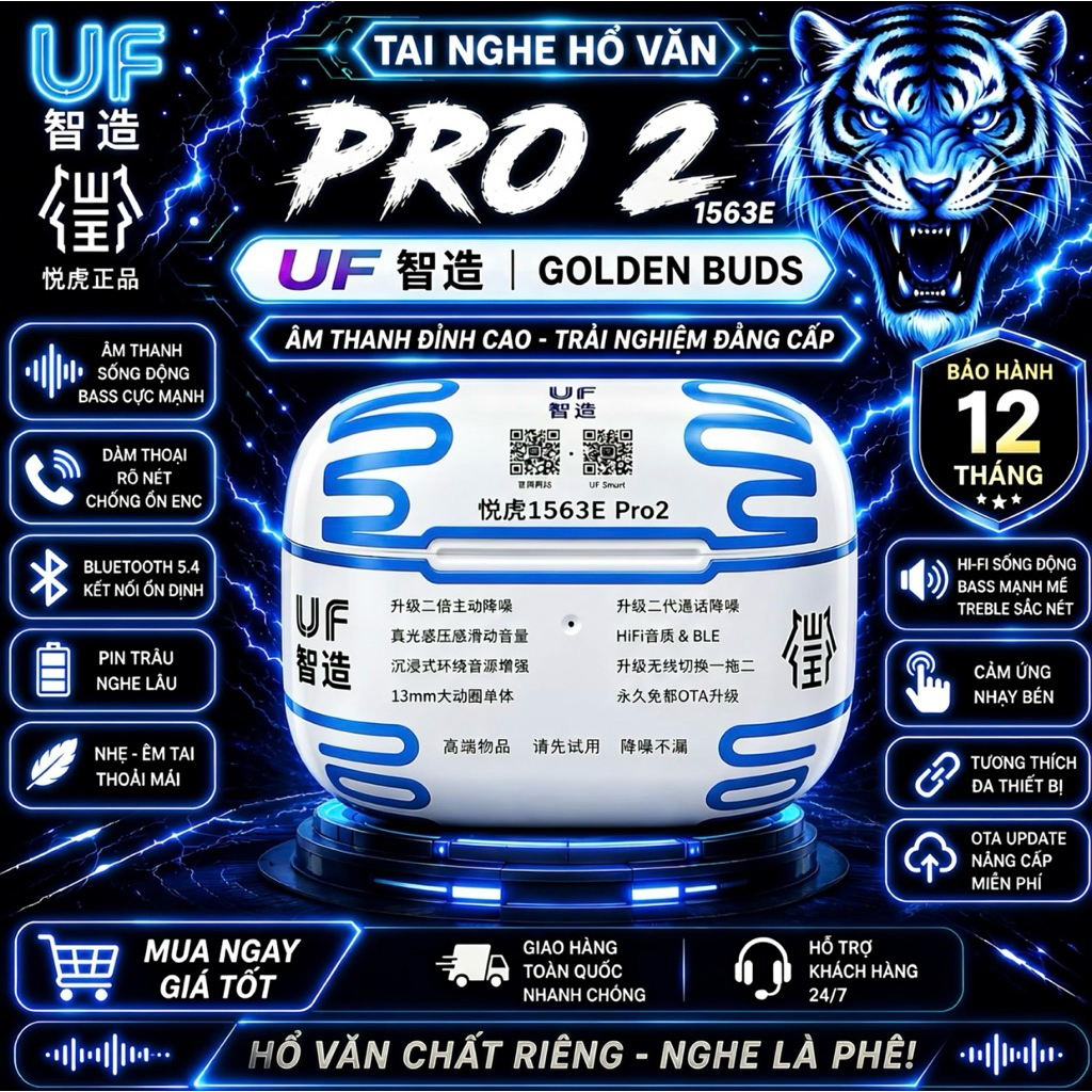 Tai Nghe Bluetooth Hổ Vằn Pro 2 1563E UF Golden Buds 2026 - Chống ồn 40dB - Âm Thanh Mạnh - Pin 8H