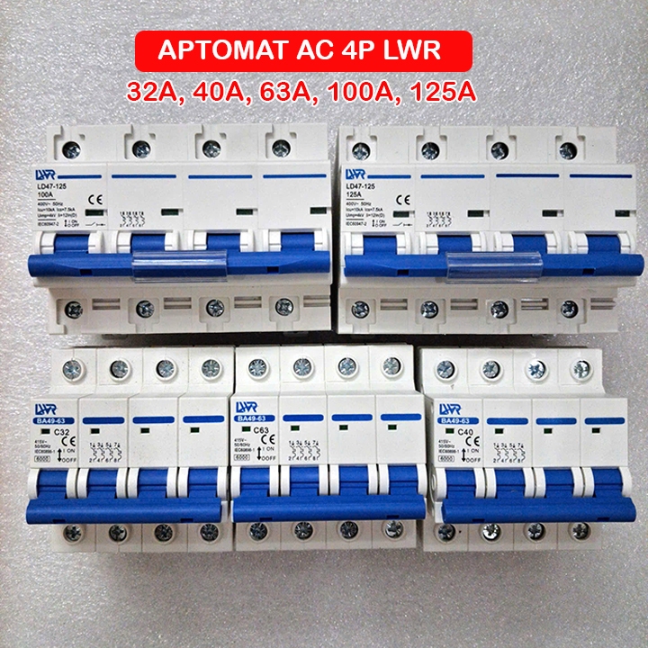 Bộ Aptomat 3 pha 4 cực, aptomat 4p LWR 32A 40A 63A 100A 125A ngắt mạch CB 3 pha MCB 3 pha Bảo vệ quá