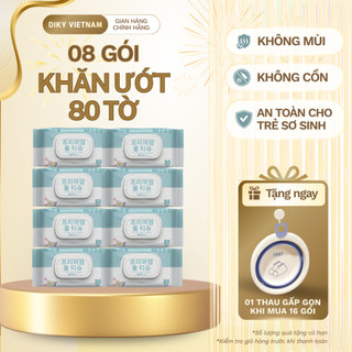 [80 TỜ] Combo 8 Gói Khăn Ướt DIKY Siêu Dai, Mềm - Không Mùi, Không Cồn, An Toàn Cho Trẻ Sơ Sinh