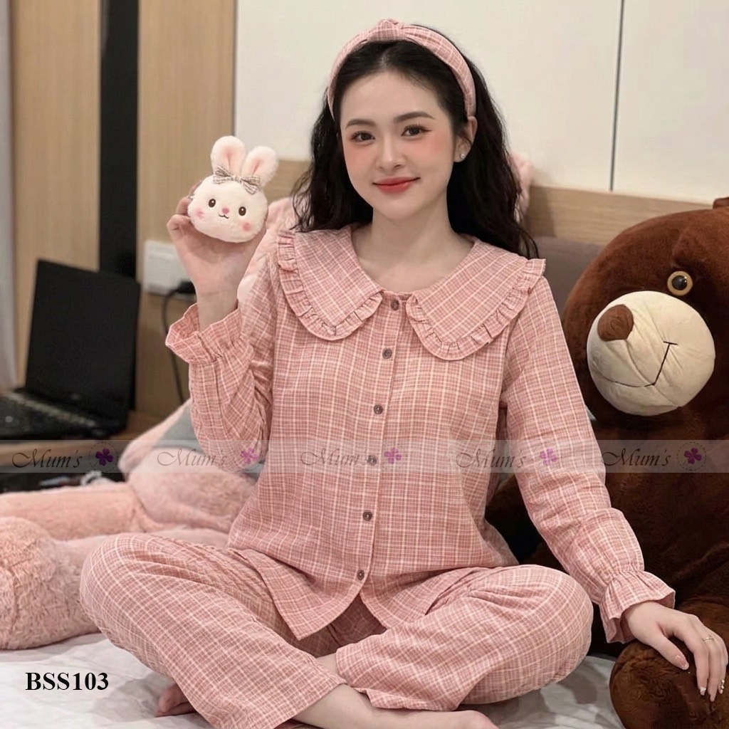 Đồ bộ bầu và sau sinh Mum's Shop BSS103 Bộ caro hồng cổ sen
