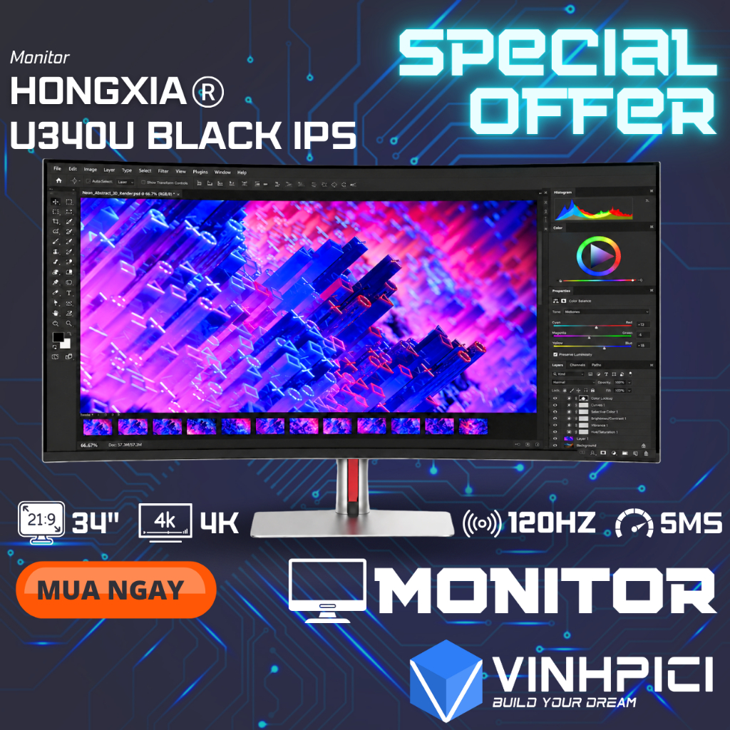 Màn hình HONGXIA U340U (34inch/4K/Black-IPS/120Hz/5ms/Type-C 65W) Chuyên đồ hoạ Ultrawide