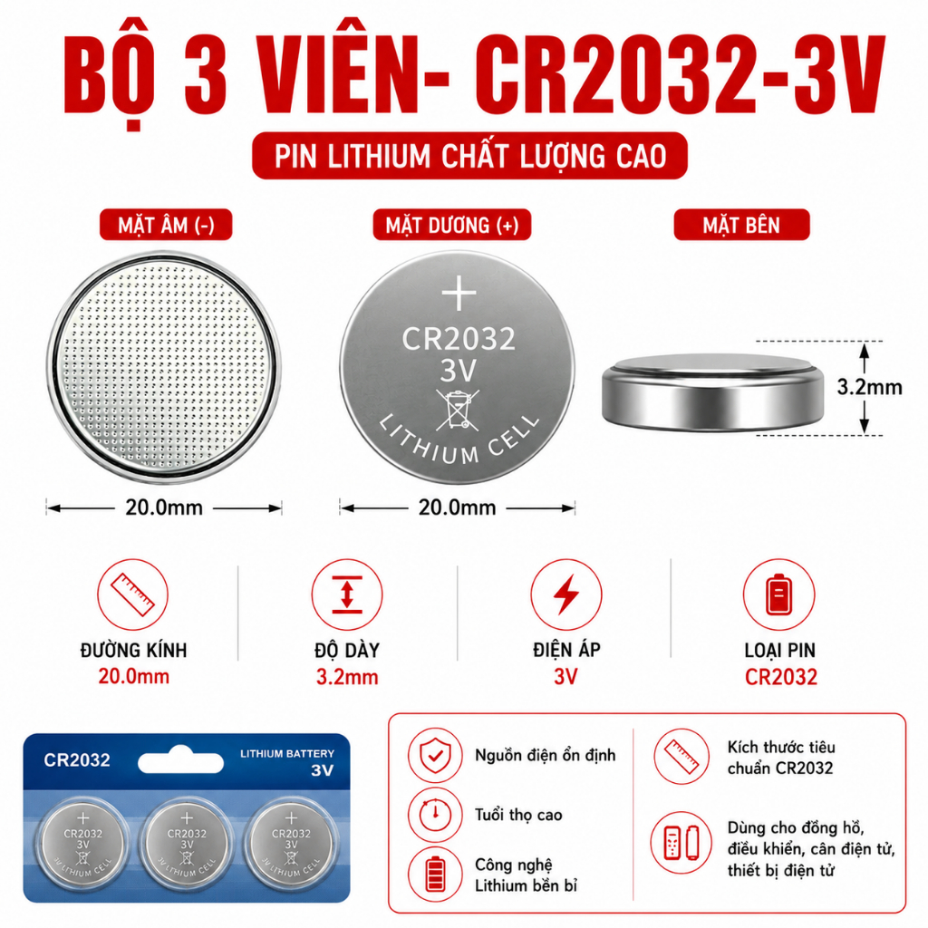 Pin Cúc Áo CR2032 3V - Pin Lithium CR2032 20x3.2MM Cho Cân Điện Tử Remote Đồng Hồ Mainboard